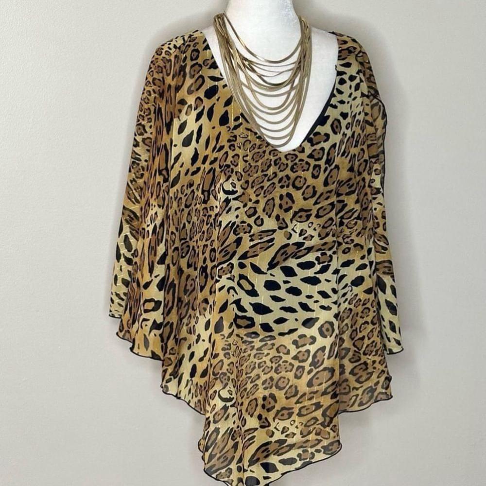 Vintage Flowy Animal Print Top with Split Sleeves and Gold Metallic Deta…